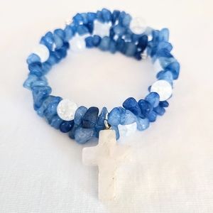 Piece #468 "Crystal Clear" Crackle Quartz & Blue Quartzite Adjustable Bracelet